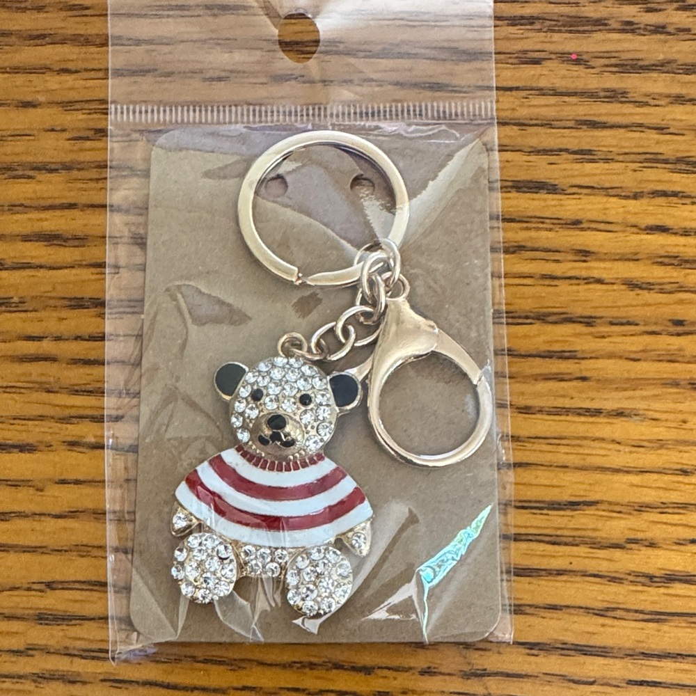Crystal Bear Keychain with Red Stripes